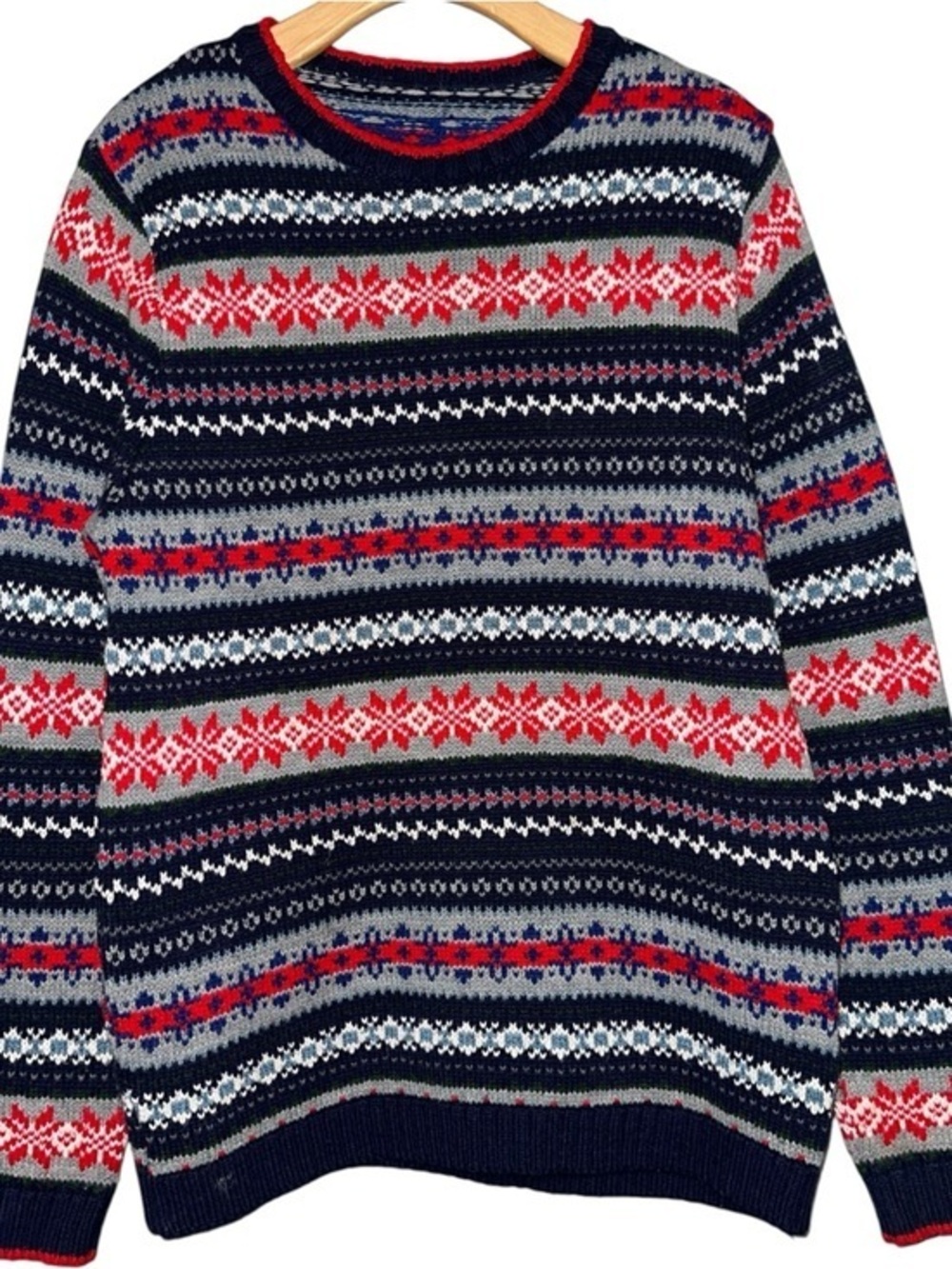 Men's Size M Navy Blue Red Gray Fair Isle Crewneck Sweater